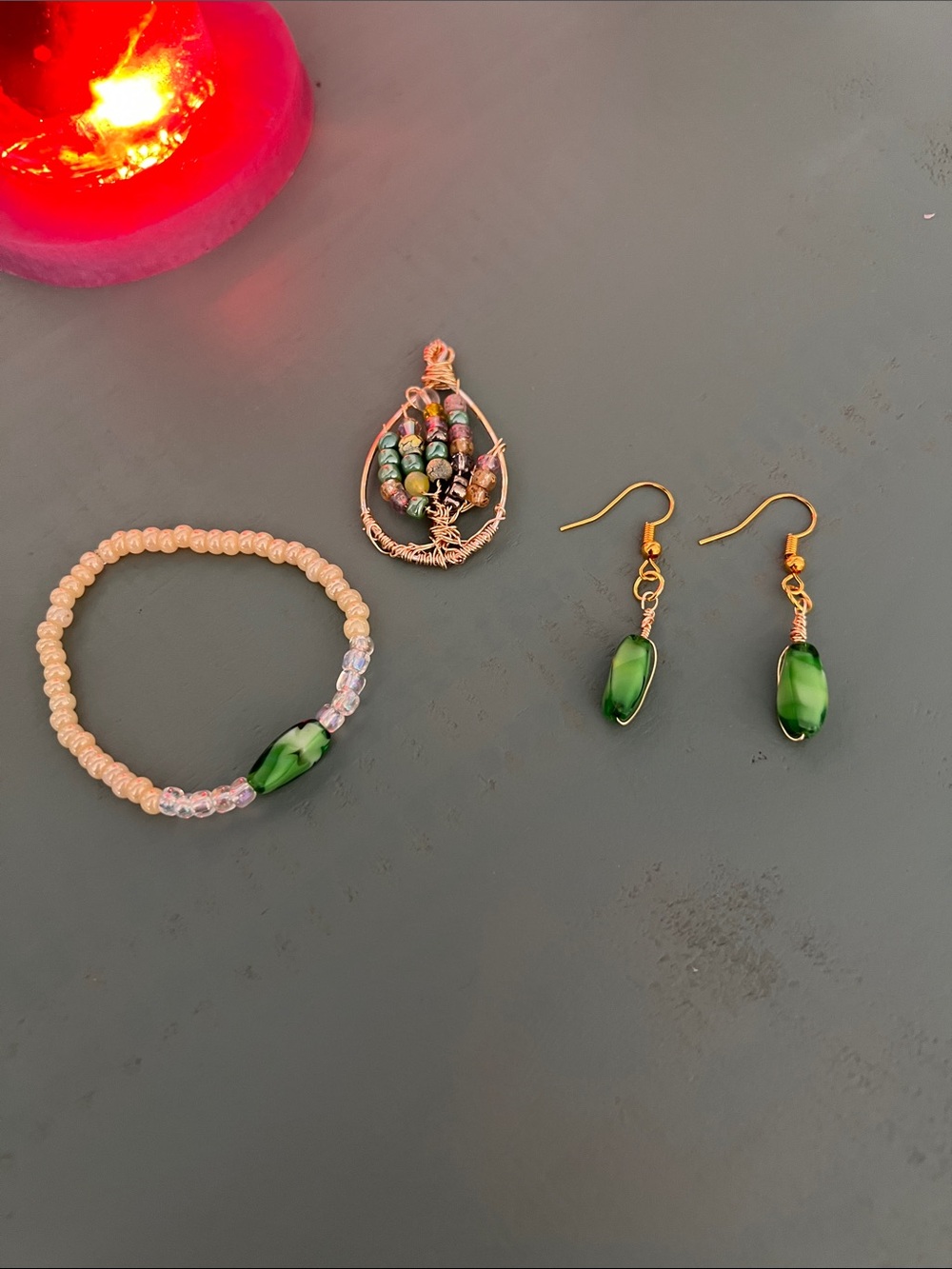 Green Glass Bead Earrings and Bracelet Set Handmade